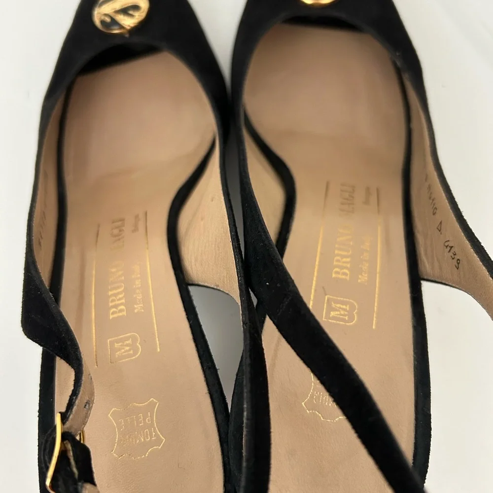 Bruno Magli Suede Peep Toe Slingback Heels Black Size 8 AAAA Extra Narrow